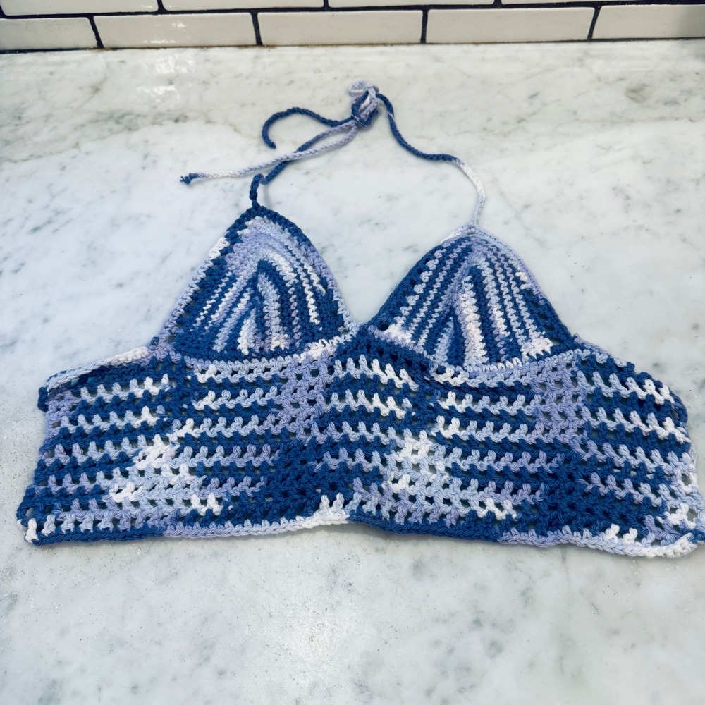 Handmade Crochet Halter Top Blue White Striped Cropped Festival Summer